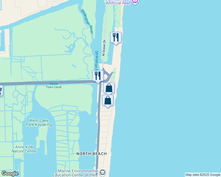 map of restaurants, bars, coffee shops, grocery stores, and more near 6001 North Ocean Drive in Hollywood