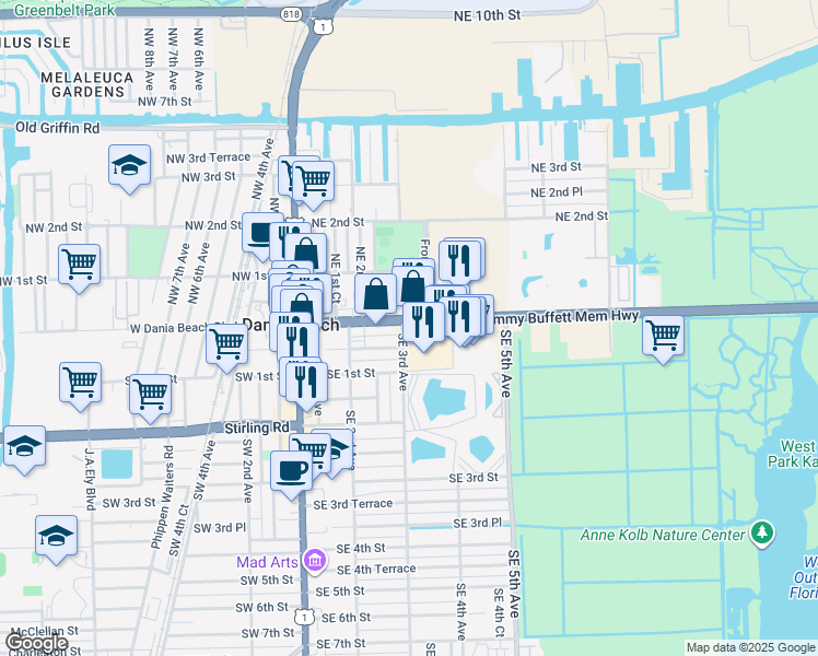 map of restaurants, bars, coffee shops, grocery stores, and more near 300 East Dania Beach Boulevard in Dania Beach