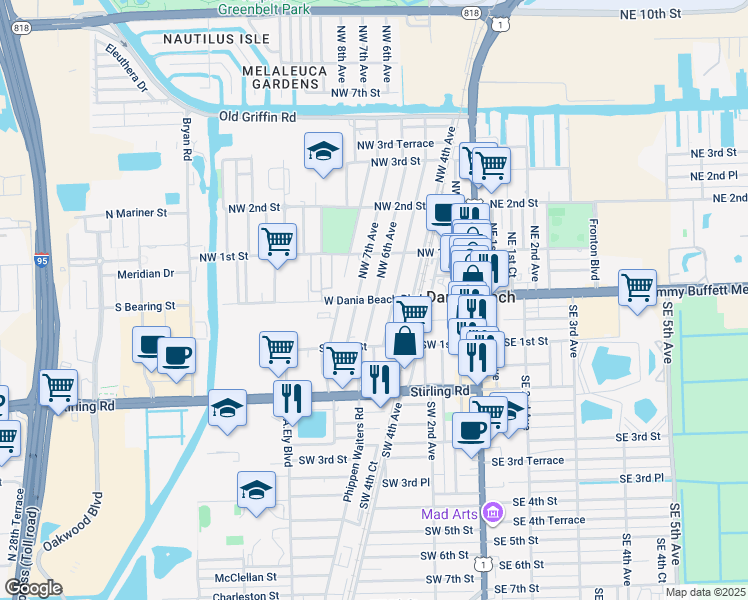 map of restaurants, bars, coffee shops, grocery stores, and more near 9 Southwest 6th Avenue in Dania Beach