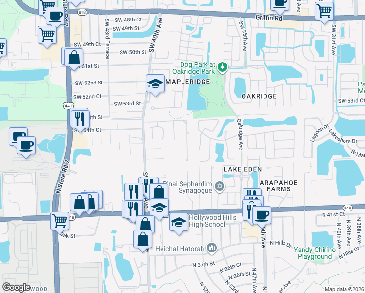 map of restaurants, bars, coffee shops, grocery stores, and more near 5511 Woodland Lane in Fort Lauderdale