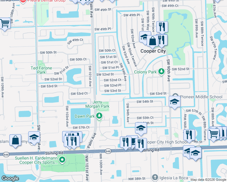 map of restaurants, bars, coffee shops, grocery stores, and more near 9428 Southwest 53rd Street in Cooper City