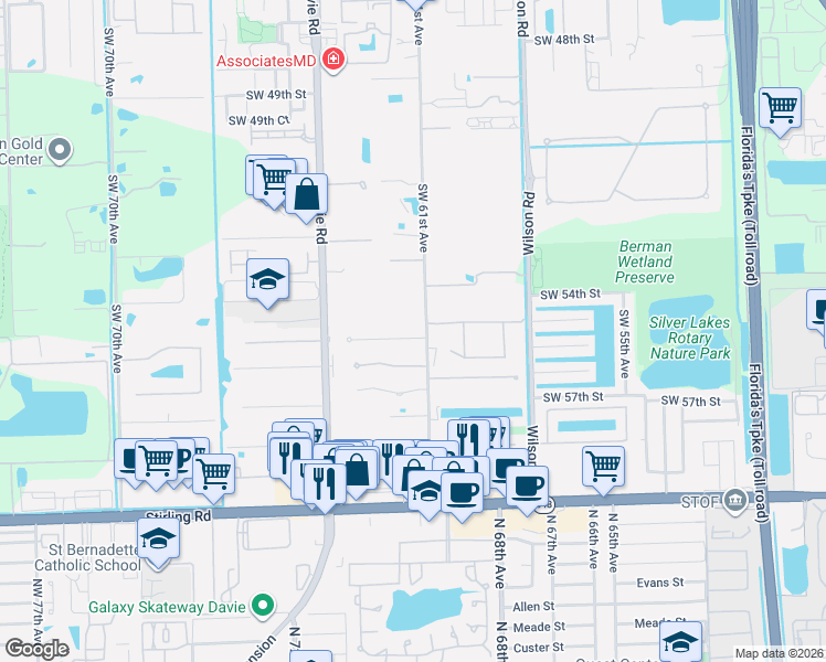 map of restaurants, bars, coffee shops, grocery stores, and more near 6109 Southwest 55th Place in Davie
