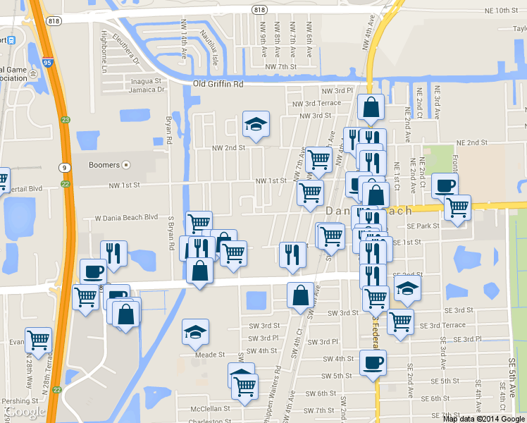 map of restaurants, bars, coffee shops, grocery stores, and more near 1115 West Dania Beach Boulevard in Dania Beach