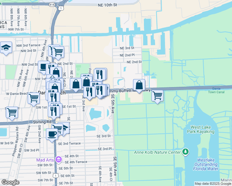 map of restaurants, bars, coffee shops, grocery stores, and more near 500 East Dania Beach Boulevard in Dania Beach