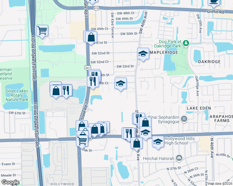 map of restaurants, bars, coffee shops, grocery stores, and more near 5530 Southwest 43rd Terrace in Fort Lauderdale