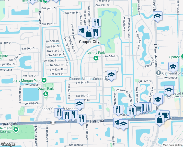 map of restaurants, bars, coffee shops, grocery stores, and more near 5290 Southwest 90th Way in Cooper City