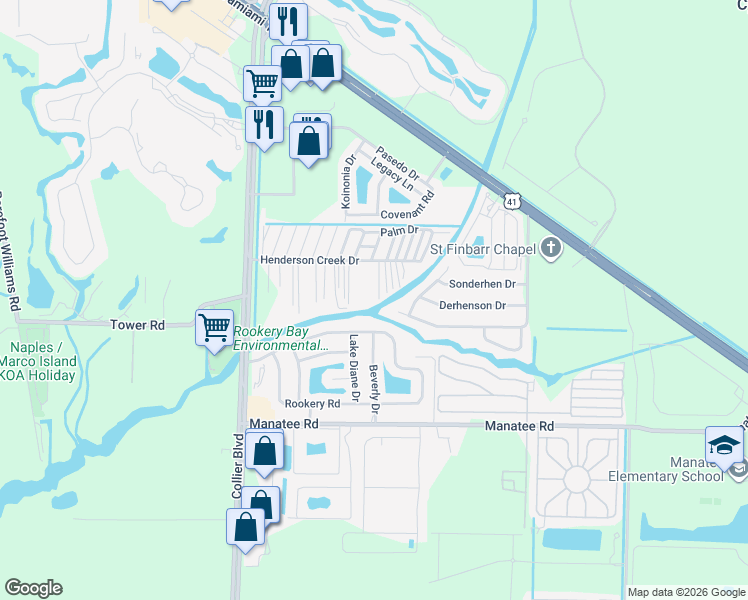 map of restaurants, bars, coffee shops, grocery stores, and more near 1252 Henderson Creek Drive in Naples