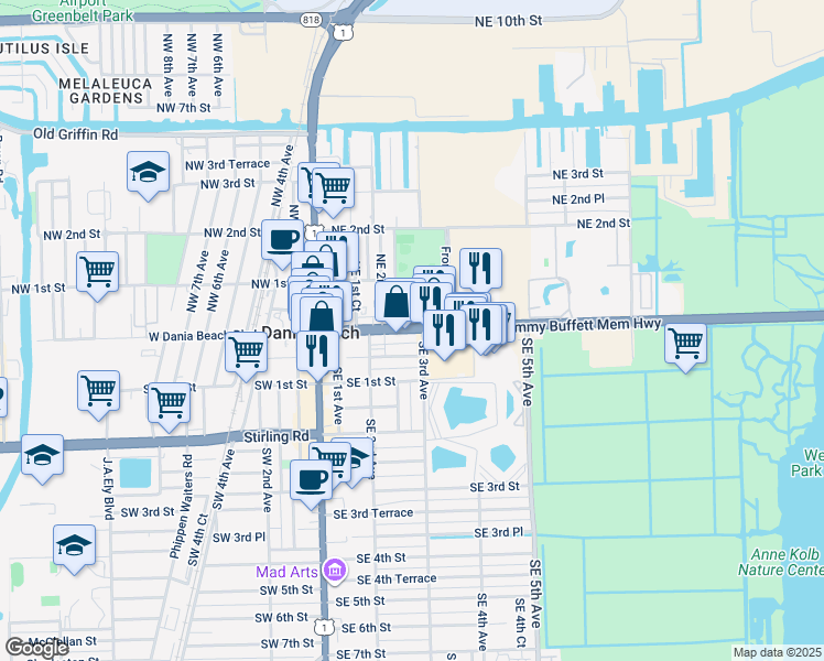 map of restaurants, bars, coffee shops, grocery stores, and more near 230 East Dania Beach Boulevard in Dania Beach