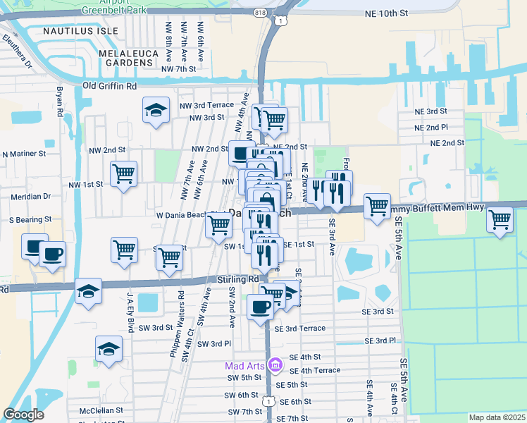 map of restaurants, bars, coffee shops, grocery stores, and more near in Dania Beach