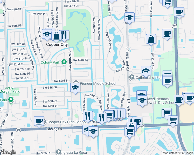 map of restaurants, bars, coffee shops, grocery stores, and more near 8871 Southwest 55th Street in Cooper City