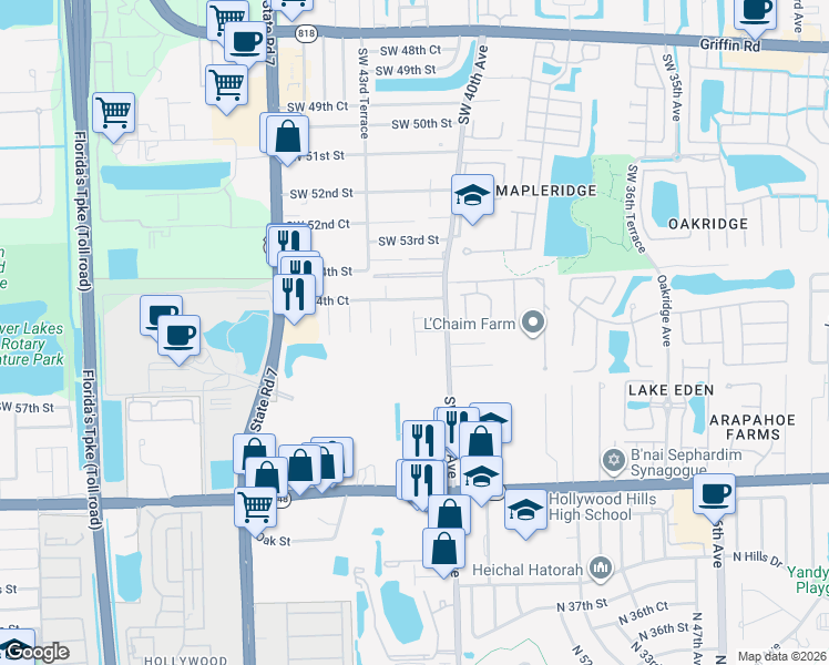 map of restaurants, bars, coffee shops, grocery stores, and more near 5525 Southwest 40th Avenue in Fort Lauderdale