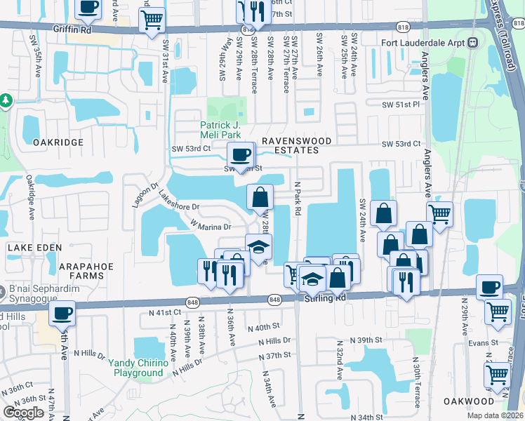 map of restaurants, bars, coffee shops, grocery stores, and more near 5524 Southwest 28th Terrace in Fort Lauderdale