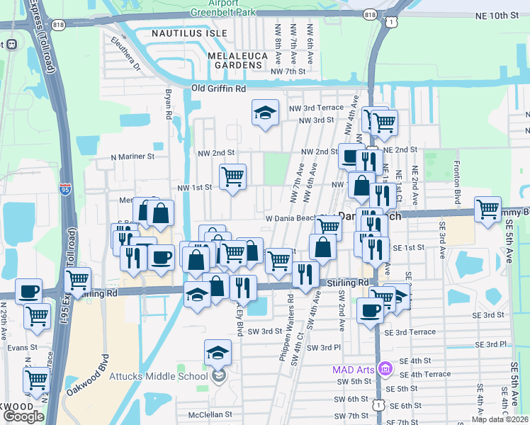 map of restaurants, bars, coffee shops, grocery stores, and more near 1115 West Dania Beach Boulevard in Dania Beach