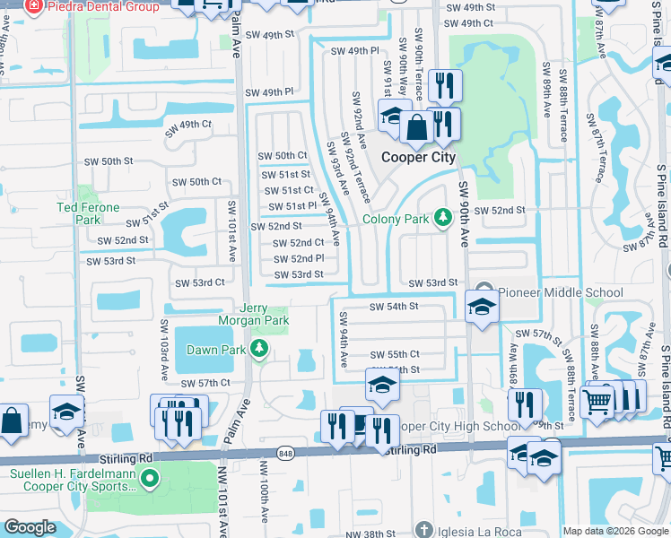 map of restaurants, bars, coffee shops, grocery stores, and more near 5288 Southwest 94th Avenue in Cooper City