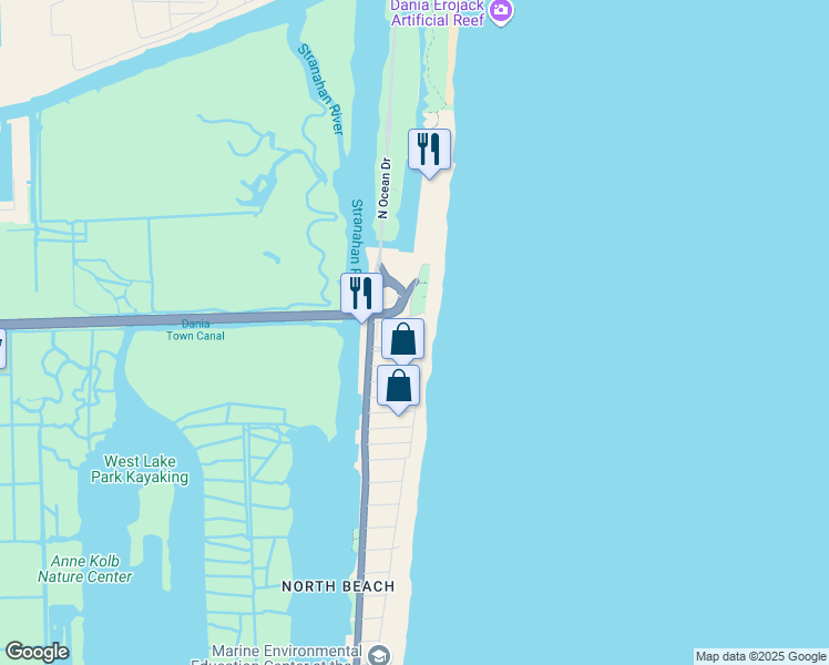 map of restaurants, bars, coffee shops, grocery stores, and more near 6001 North Ocean Drive in Hollywood