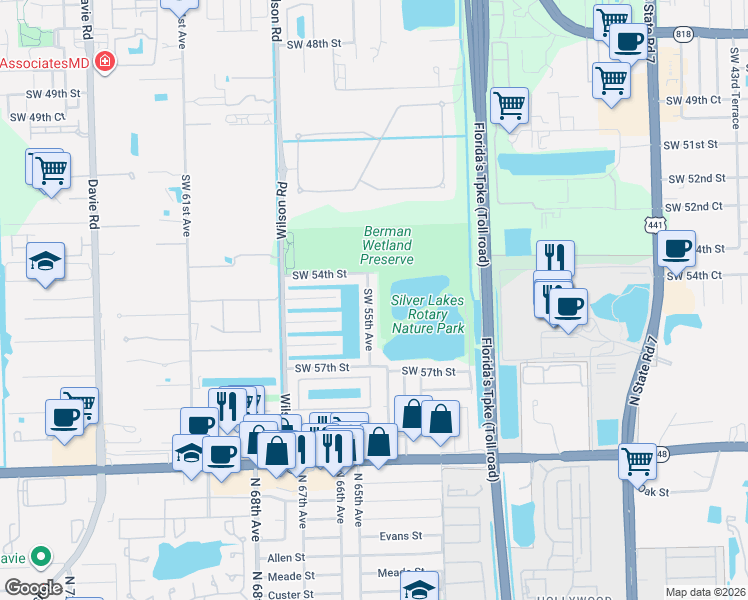 map of restaurants, bars, coffee shops, grocery stores, and more near 5480 Southwest 55th Avenue in Davie