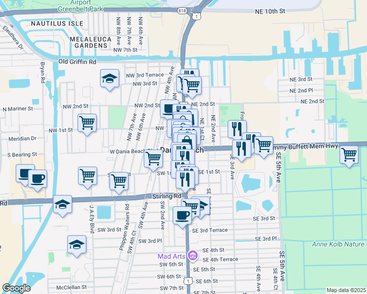 map of restaurants, bars, coffee shops, grocery stores, and more near in Dania Beach