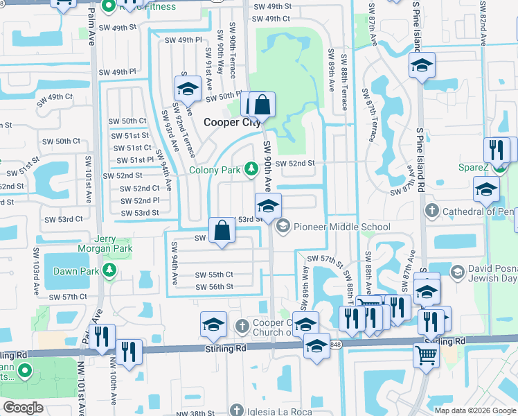 map of restaurants, bars, coffee shops, grocery stores, and more near 5218 Southwest 90th Terrace in Cooper City