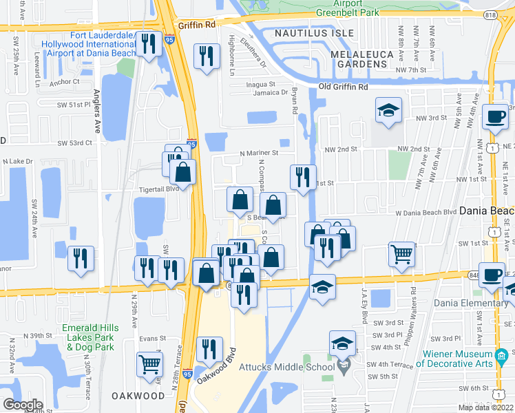 map of restaurants, bars, coffee shops, grocery stores, and more near 1720 South Bearing Street in Dania Beach