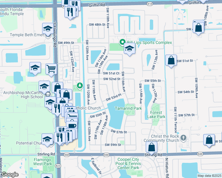 map of restaurants, bars, coffee shops, grocery stores, and more near 5330 Southwest 117th Terrace in Cooper City