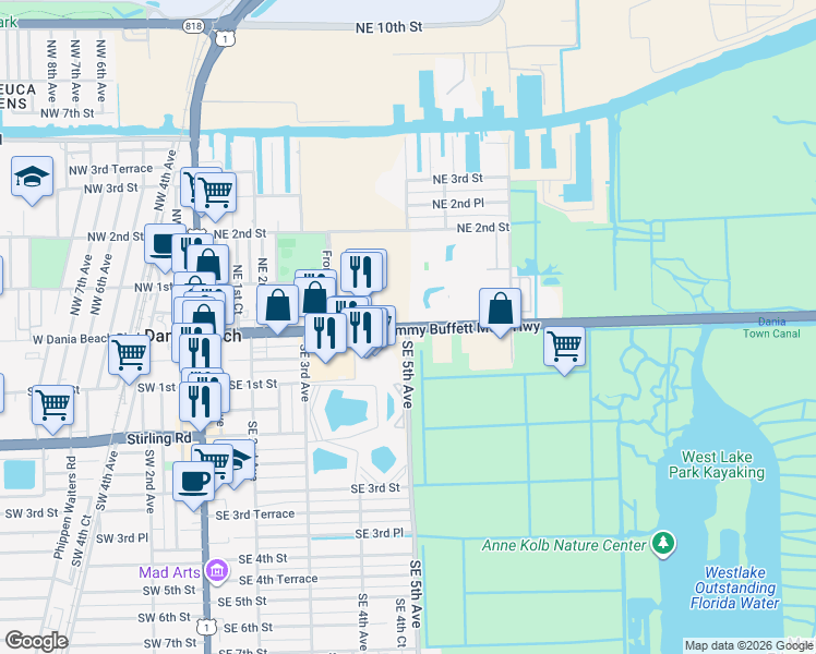 map of restaurants, bars, coffee shops, grocery stores, and more near 22 Southeast 5th Avenue in Dania Beach