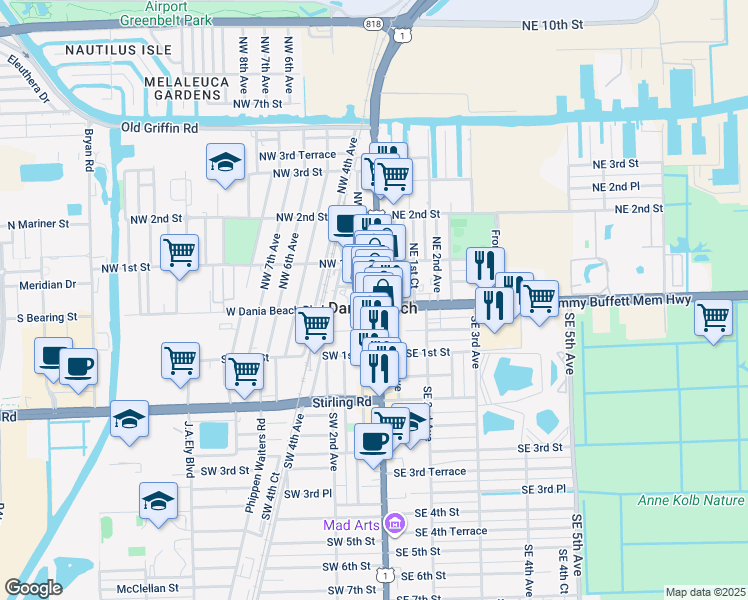 map of restaurants, bars, coffee shops, grocery stores, and more near in Dania Beach