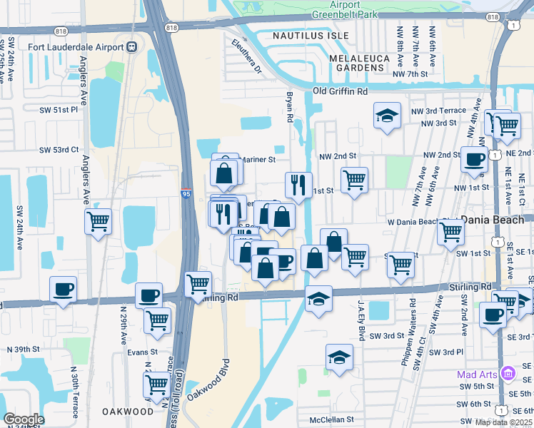 map of restaurants, bars, coffee shops, grocery stores, and more near 1730 South Bearing Street in Dania Beach