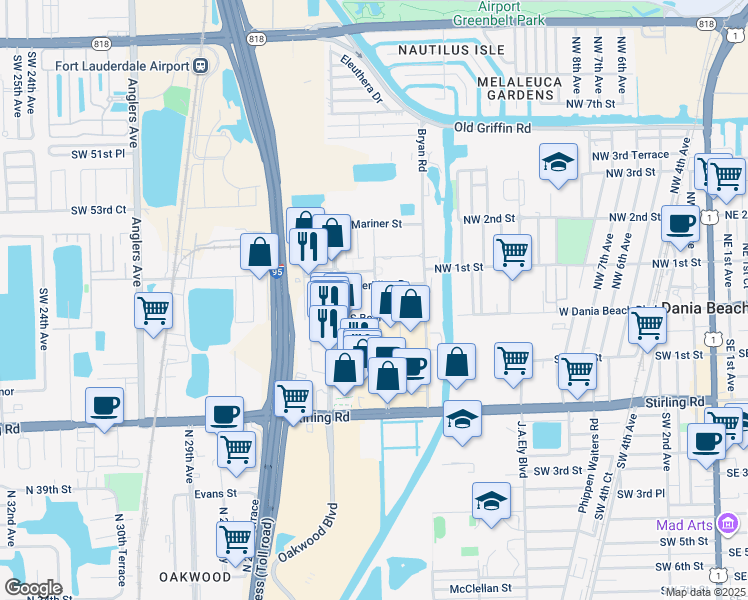 map of restaurants, bars, coffee shops, grocery stores, and more near 1720 South Bearing Street in Dania Beach