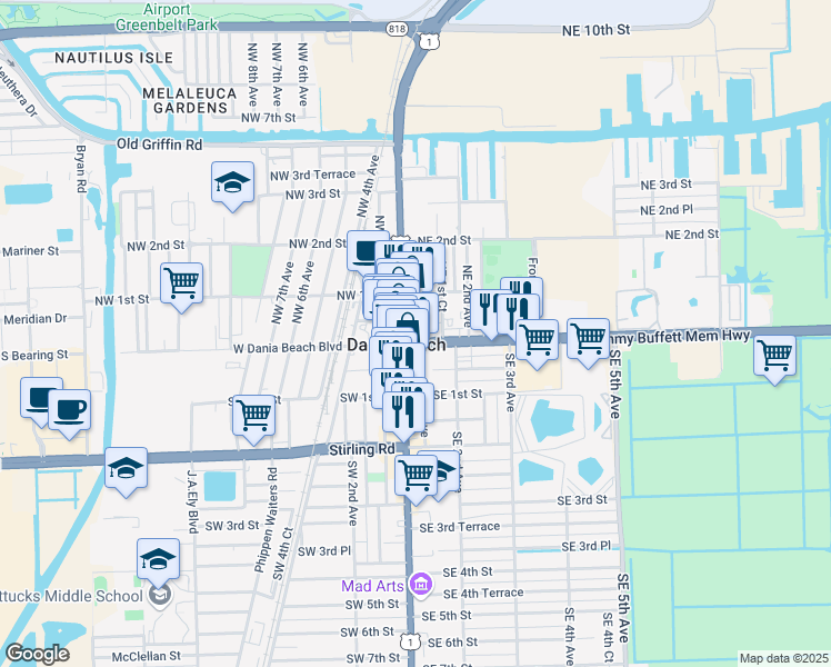 map of restaurants, bars, coffee shops, grocery stores, and more near 28 South Federal Highway in Dania Beach