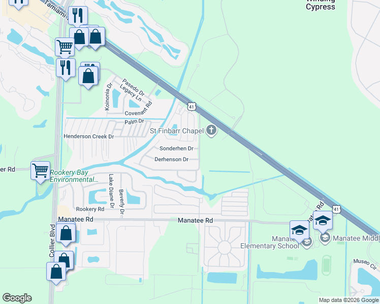 map of restaurants, bars, coffee shops, grocery stores, and more near 48 Derhenson Drive in Naples