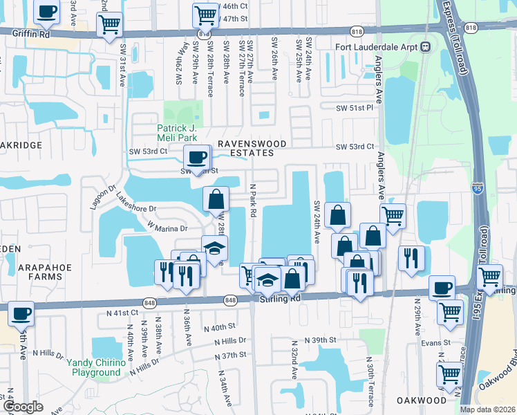 map of restaurants, bars, coffee shops, grocery stores, and more near 5605 North Park Road in Fort Lauderdale