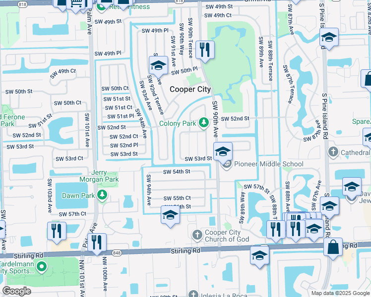 map of restaurants, bars, coffee shops, grocery stores, and more near 5222 Southwest 91st Terrace in Cooper City
