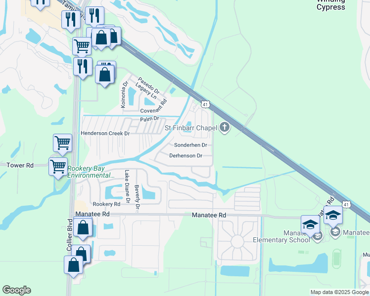 map of restaurants, bars, coffee shops, grocery stores, and more near 40 Derhenson Drive in Naples