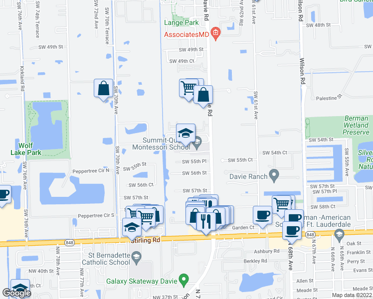 map of restaurants, bars, coffee shops, grocery stores, and more near 5451 Davie Rd in Davie