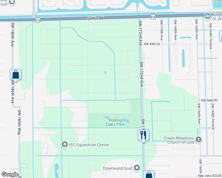 map of restaurants, bars, coffee shops, grocery stores, and more near 17520 Southwest 52nd Court in Southwest Ranches