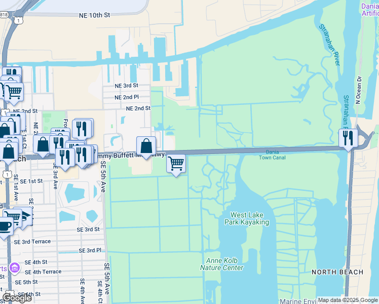 map of restaurants, bars, coffee shops, grocery stores, and more near 825 East Dania Beach Boulevard in Dania Beach