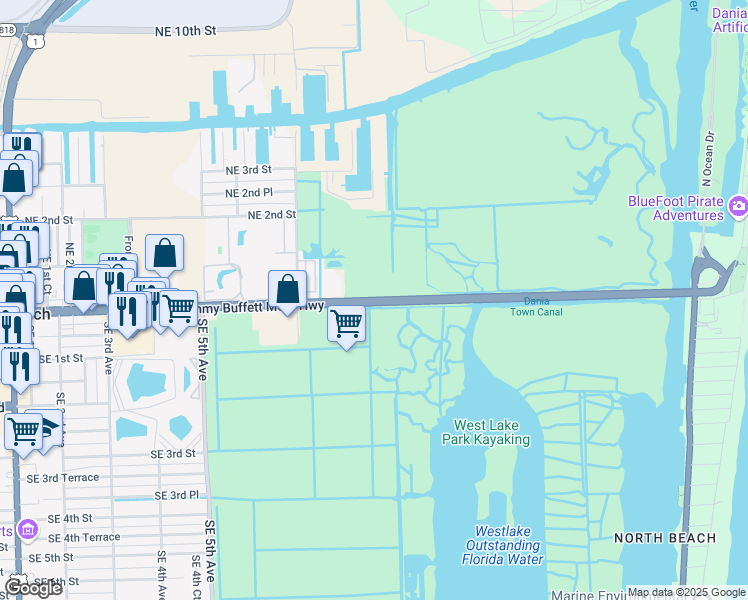 map of restaurants, bars, coffee shops, grocery stores, and more near East Dania Beach Boulevard in Dania Beach
