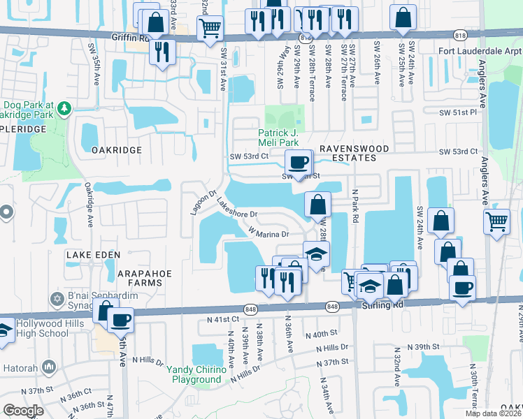 map of restaurants, bars, coffee shops, grocery stores, and more near 2961 Lakeshore Drive in Fort Lauderdale
