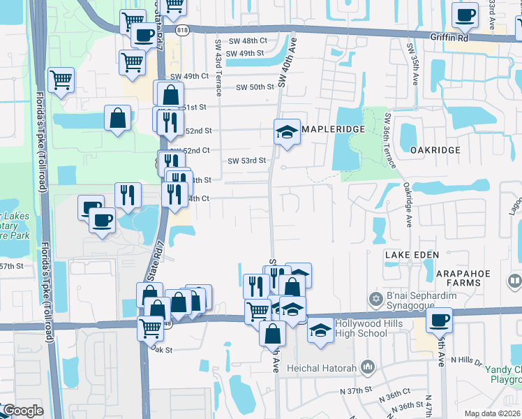 map of restaurants, bars, coffee shops, grocery stores, and more near 4031 Southwest 54th Court in Fort Lauderdale