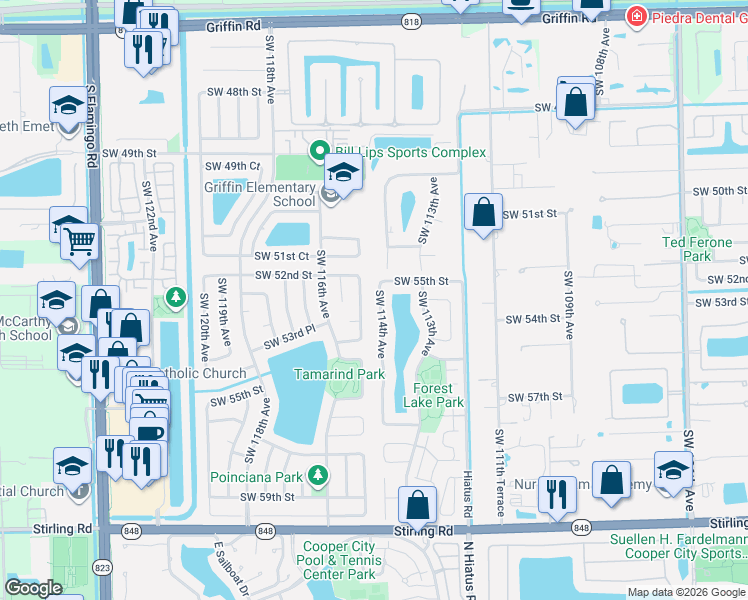 map of restaurants, bars, coffee shops, grocery stores, and more near 5521 Southwest 114th Avenue in Cooper City