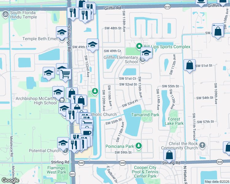 map of restaurants, bars, coffee shops, grocery stores, and more near 11771 Southwest 52nd Court in Cooper City