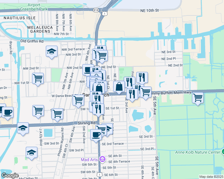 map of restaurants, bars, coffee shops, grocery stores, and more near 32 Northeast 1st Court in Dania Beach