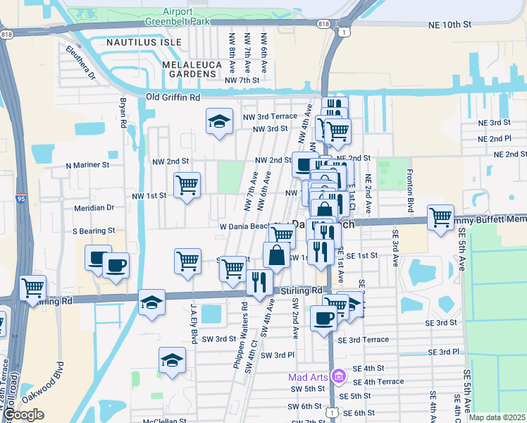 map of restaurants, bars, coffee shops, grocery stores, and more near 37 Northwest 6th Avenue in Dania Beach