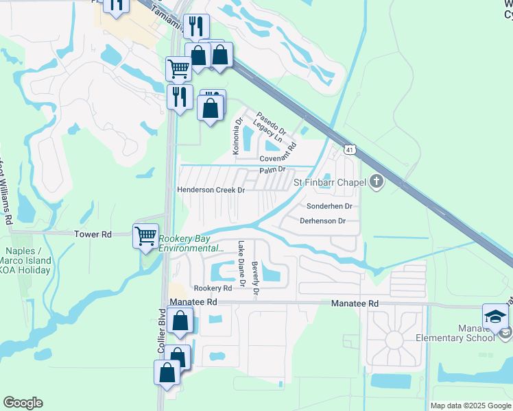 map of restaurants, bars, coffee shops, grocery stores, and more near 174 Oak Lane in Naples