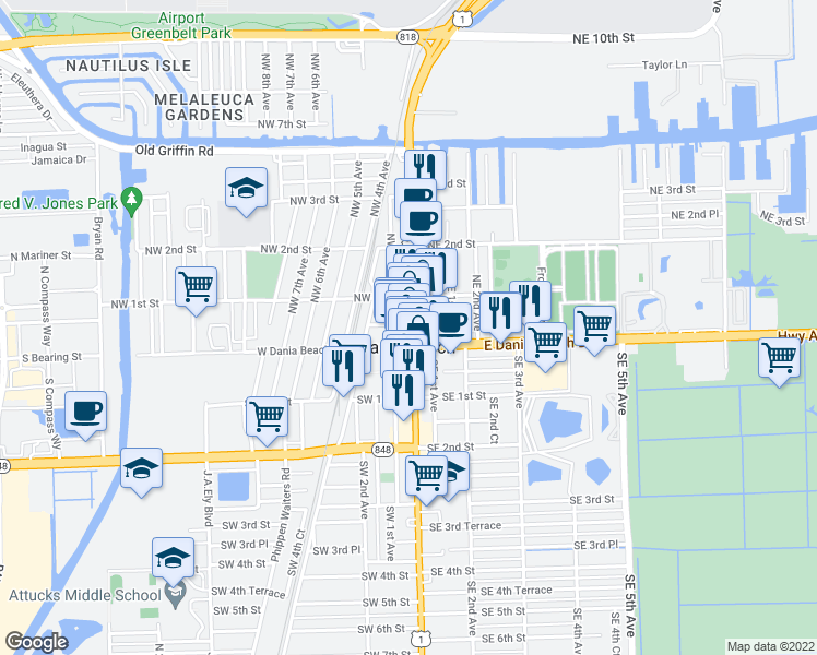 map of restaurants, bars, coffee shops, grocery stores, and more near 52 U.S. 1 in Dania Beach
