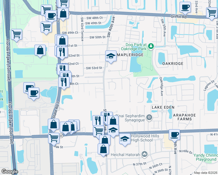 map of restaurants, bars, coffee shops, grocery stores, and more near 3920 Laurel Oak Way in Fort Lauderdale