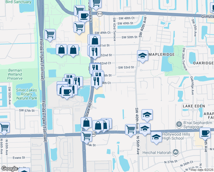 map of restaurants, bars, coffee shops, grocery stores, and more near 4367 Southwest 54th Court in Fort Lauderdale