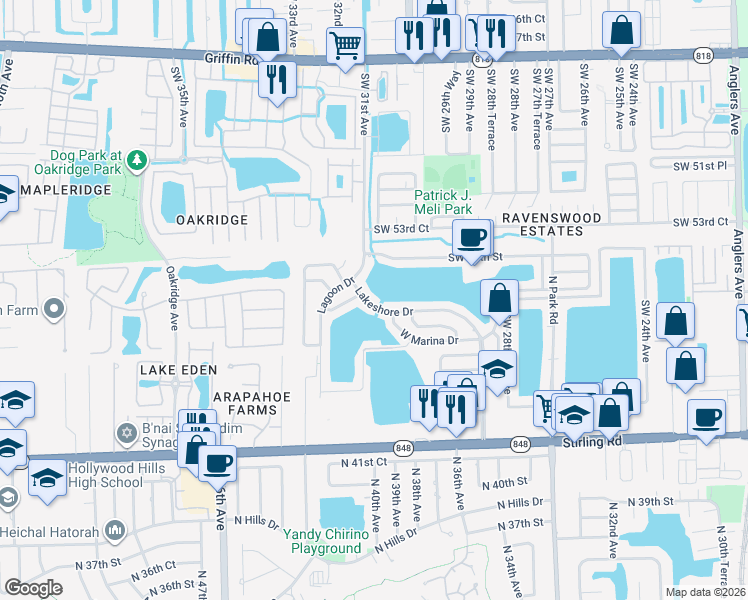 map of restaurants, bars, coffee shops, grocery stores, and more near 3055 Lakeshore Drive in Fort Lauderdale