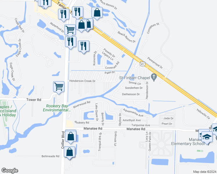 map of restaurants, bars, coffee shops, grocery stores, and more near 1322 Henderson Creek Drive in Naples
