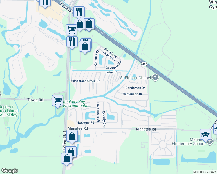 map of restaurants, bars, coffee shops, grocery stores, and more near 1322 Henderson Creek Drive in Naples